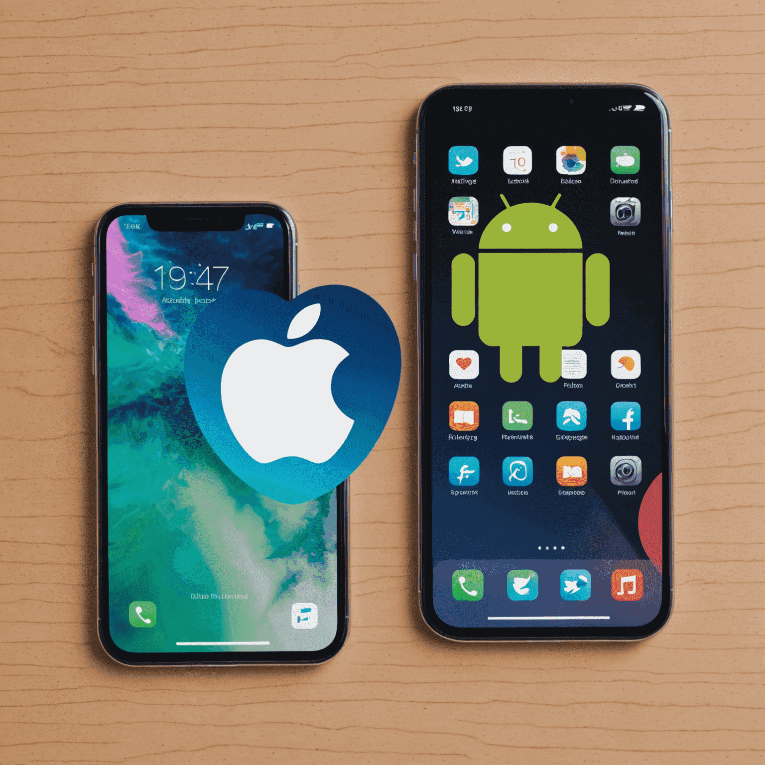 Imagen comparativa de iOS y Android, mostrando los logos de Apple y Android lado a lado con iconos de aplicaciones flotando alrededor