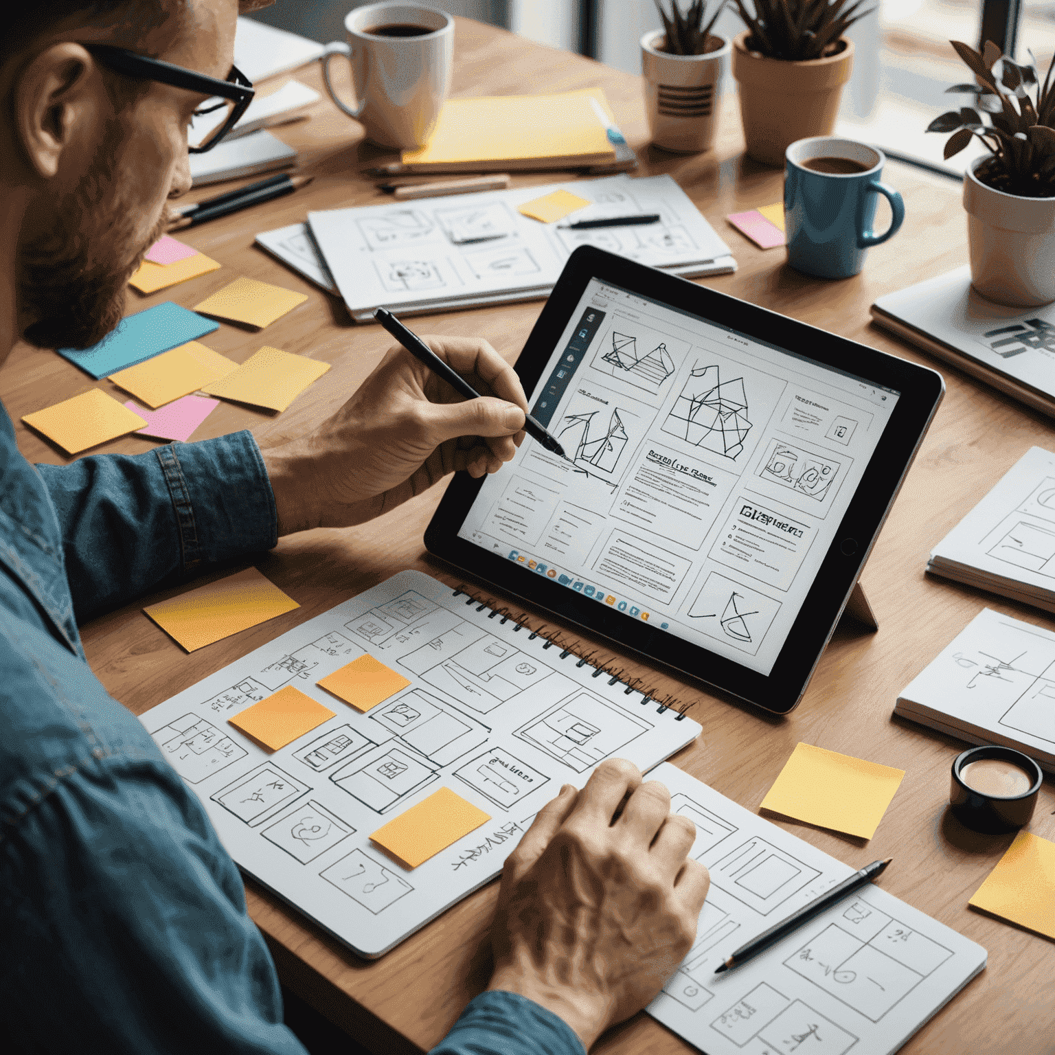 Diseñador UX trabajando en una interfaz de aplicación móvil en una tableta, rodeado de bocetos y notas adhesivas con ideas de diseño