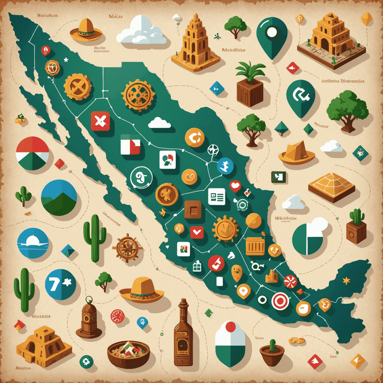 Imagen que muestra un mapa de México con iconos de tecnología y desarrollo de apps móviles dispersos por todo el país