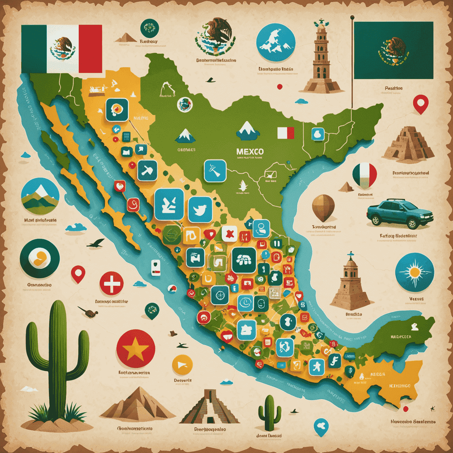 Imagen que muestra un mapa de México con iconos de tecnología y desarrollo de apps